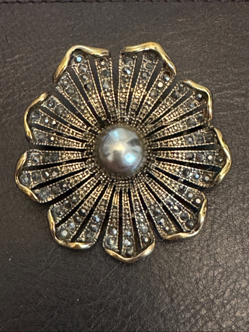 Gold-Tone Floral Statement Brooch with Pearl Center